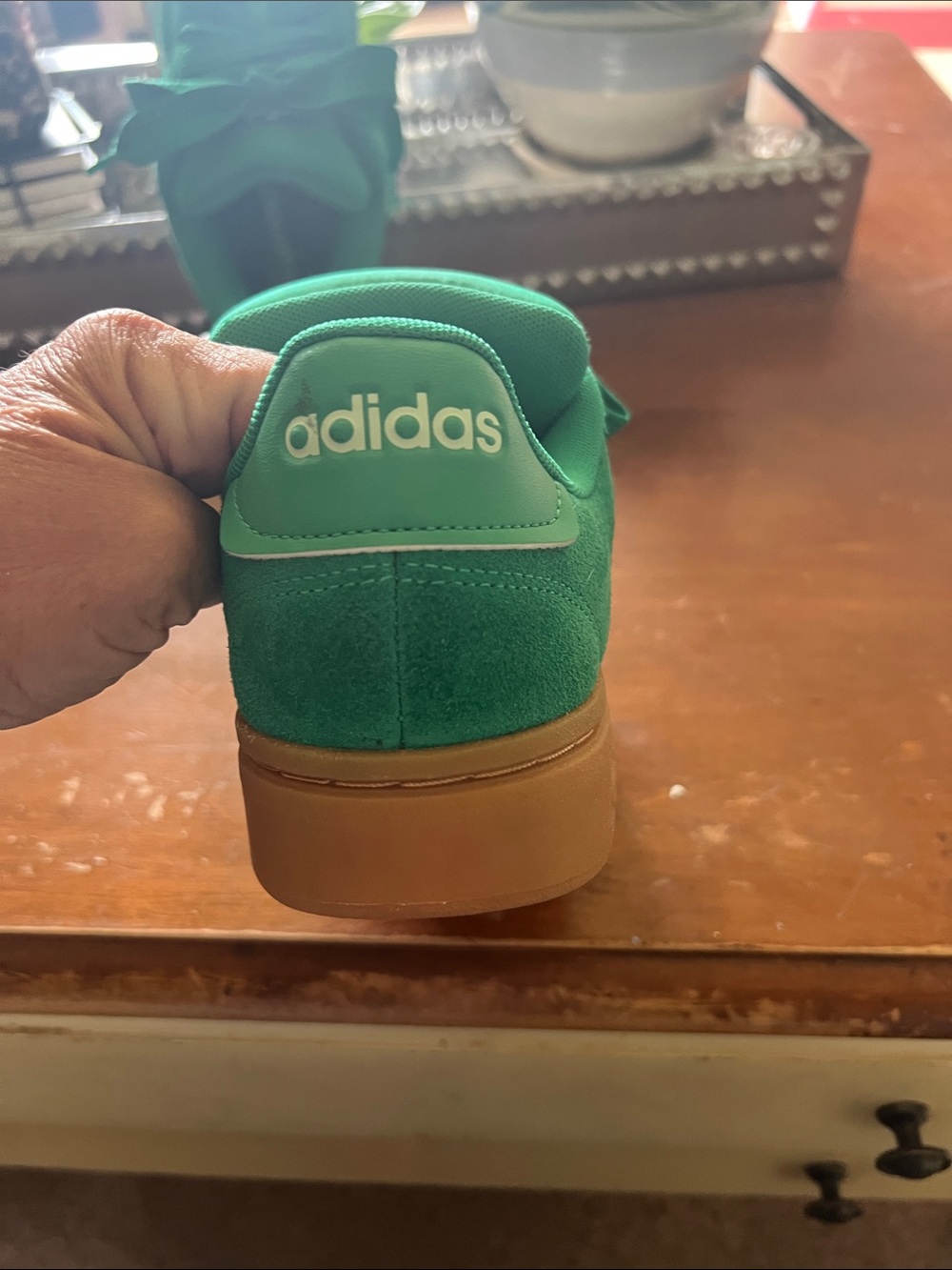adidas Green Suede Athletic Sneakers with White Stripes and Gum Sole - Picture 5 of 6
